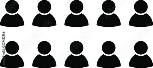 Bild auf Leinwand Minimalist vector icon set featuring rows of identical user profile avatars for social media, community demographics, corporate team member lists, and population data visualization