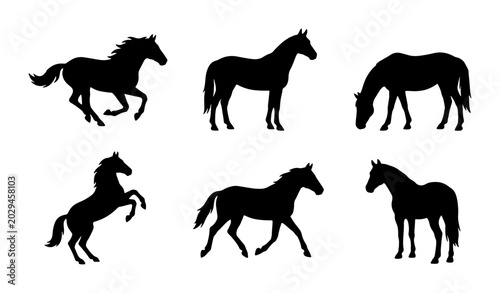 Quadro su tela Six Black Horse Silhouettes, Equestrian Vector Icons, Galloping and Standing Equ
