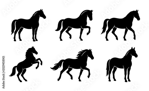 Schilderij op canvas Six Silhouette Horse Vector Icons, Elegant Equine Poses, Black Animal Graphics f