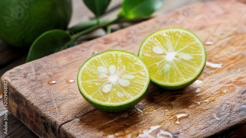 sudachi. A sudachi lime sliced in half on a rustic wooden cutting board, droplets of fresh juice. menu design, packaging mockups, designed for food delivery and cloud-kitchen brand materials.