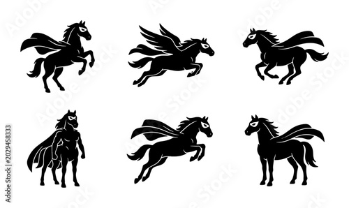 Foto Mythical Pegasus Horse Vector Icons, Winged Steed Silhouettes, Fantasy Creature
