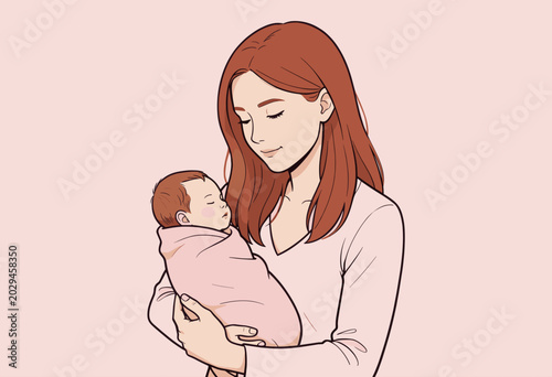 Woman Holding Sleeping Baby in Soft Pink Background Illustration