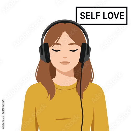 Woman Wearing Headphones Listening to Music with Self Love Text