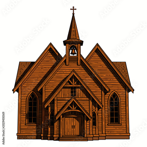 Wooden Church with Bell Tower and Arched Windows Illustration
