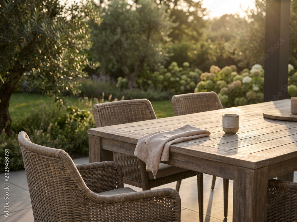 Obraz premium Cozy Outdoor Patio Dining Table in Lush Garden at Golden Hour, Relaxing Backyard Lifestyle and Summer Evening Concept