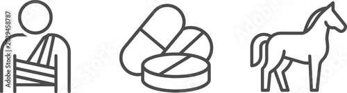 Billede på lærred Vector line icon set featuring a patient with a torso bandage, medicinal capsules with a pill, and a horse for veterinary medical services