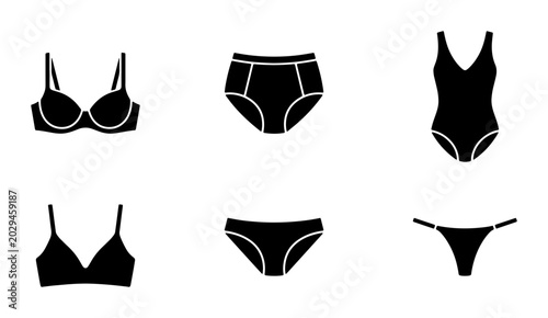 Bilde på lerret Black vector icons set of lingerie and swimwear, including bras, briefs, bikini
