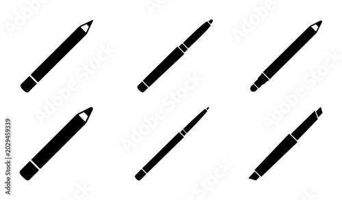 Foto Set of 6 Black Pen and Pencil Icons, Writing Instruments Vector Graphics, Drawin