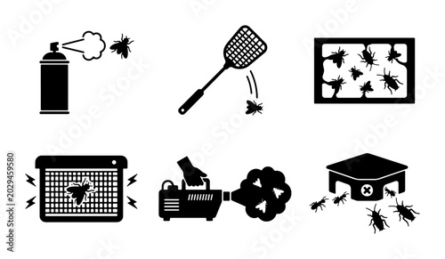 Tableau sur toile Pest Control Icons Set: Insecticide Spray, Fly Swatter, Trap, Electric Zapper, F