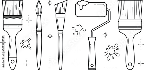 Bild auf Leinwand Professional Paint Brush and Roller Icon Set with Creative Paint Splatters for A