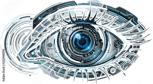 Futuristic cybernetic eye vector illustration with metallic robotic details lens aperture mechanical eyelashes and sci-fi high tech biometric surveillance design.