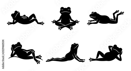 Tableau sur toile Yoga Frog Silhouettes, Meditating Amphibian Poses, Relaxed Animal Vector Set, Ze