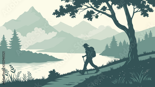 Hiker Walking Along Lakeside Trail With Backpack Against Misty Mountain Landscape At Dawn