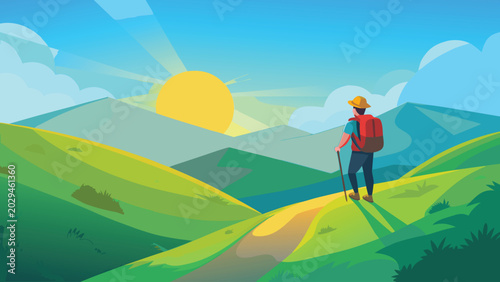 Hiker With Backpack Walking Toward Sunrise Over Green Hills and Mountain Landscape