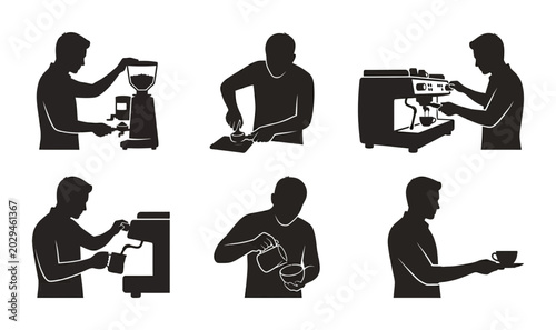 Cuadro en lienzo 6 Barista Actions Silhouette Icons, Flat, for Coffee Shop and Cafe Use