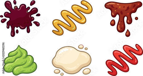 Fotografía Cartoon Sauce Splashes and Cream Drips Collection with Ketchup Mustard Mayonnais