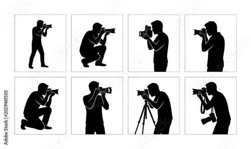 Obraz na płótnie 8 Photographer Silhouettes with Cameras, Silhouette Style, for Photography and M