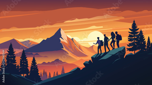 Hikers On Mountain Ridge At Sunset Silhouette Enjoying Adventure And Teamwork In Nature