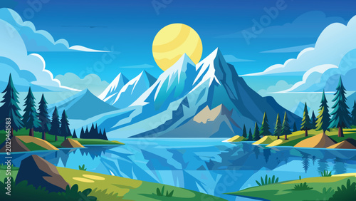 Serene Sunny Mountain Lake Landscape With Pine Forest, Snowcapped Peaks and Reflective Water