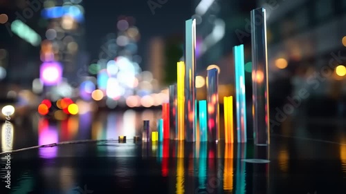 Abstract Cityscape Data Visualization - Colorful Bars Against Night Lights.