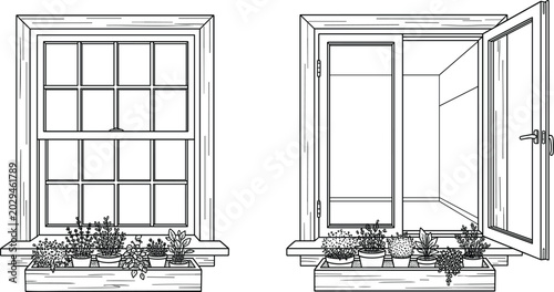 Bild auf Leinwand Classic Window Set Closed and Open Vintage Architectural Sketch with Flower Box