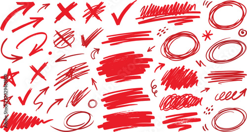 Foto Collection of hand-drawn red marker arrows, checkmarks, correction symbols, and various doodle shapes isolated on a white background for creative design annotations