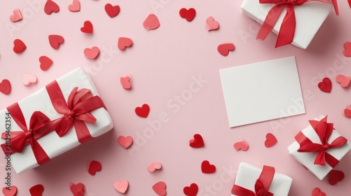 Gifts & hearts galore! Boxes, red bows, blank card on pink backdrop with scattered heart confetti