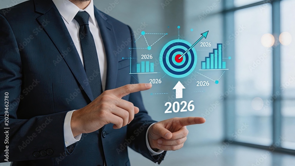 Fototapeta premium Businessman pointing at 2026 target hologram with charts and growth arrows, symbolizing strategic planning and future goals in corporate environment.