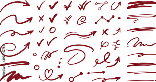 Tablou pe pânză Comprehensive set of hand-drawn red marker arrows, checkmarks, correction symbols, swirly doodles, and underlining strokes for editing, proofreading, and creative annotation projects