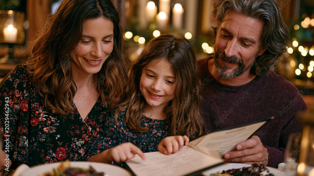 Fototapeta premium Family navigating restaurant allergen menu together, parents consulting laminated ingredient guide while child points at safe dessert option, warm candlelit bistro, perfect for food allergy dining, 