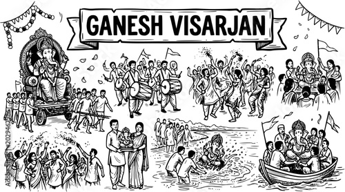 Foto Ganesh Visarjan Festival in India: Hand-drawn Black and White Line Art Sketch of Lord Ganesha Immersion Procession, Cultural Celebrations, and Devotees