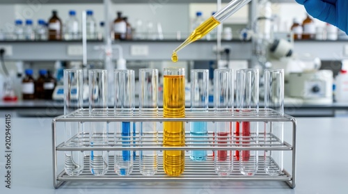 Scientist performing chemical experiment with yellow liquid in laboratory.