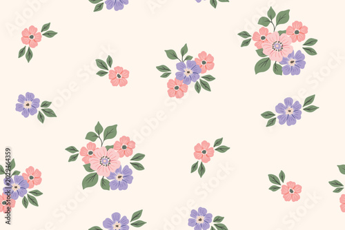 Seamless floral pattern, liberty ditsy print of spring plants in girls motif. Cute botanical design of small hand drawn flowers, tiny leaves, simple mini bouquets white background. Vector illustration