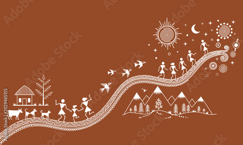 Warli Folk Tribal Art or sora tribe art for Odisha or Maharashtra Tribal Stick Figures Indian tradition tribal art vector of the path of life
