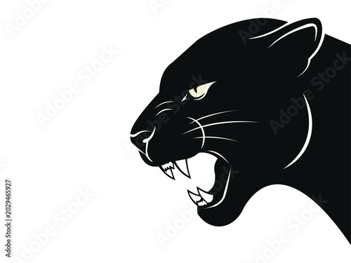 A black panther head with mouth open and teeth showing