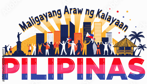 Vibrant philippine independence day poster with cityscape and people celebrating