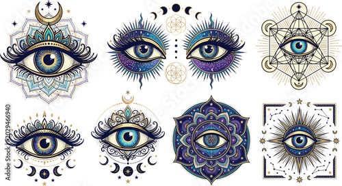 Mystical blue evil eye vector bundle with celestial moon phases gold stars and sacred geometry mandalas for esoteric spiritual designs