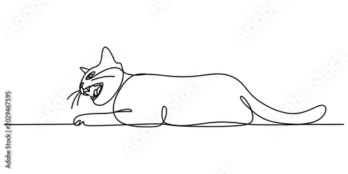 Photography Continuous single line drawing of an angry cat hissing and lying down with open