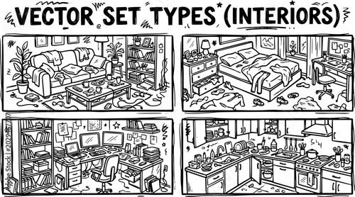 Foto Black and White Line Art Vector Set: Hand-Drawn Messy Interiors Collection