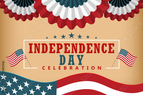 USA Independence Day vector banner. Vintage background with American flags, patriotic bunting rosettes, and stars. Perfect template for July 4th celebration, social media, and web design.