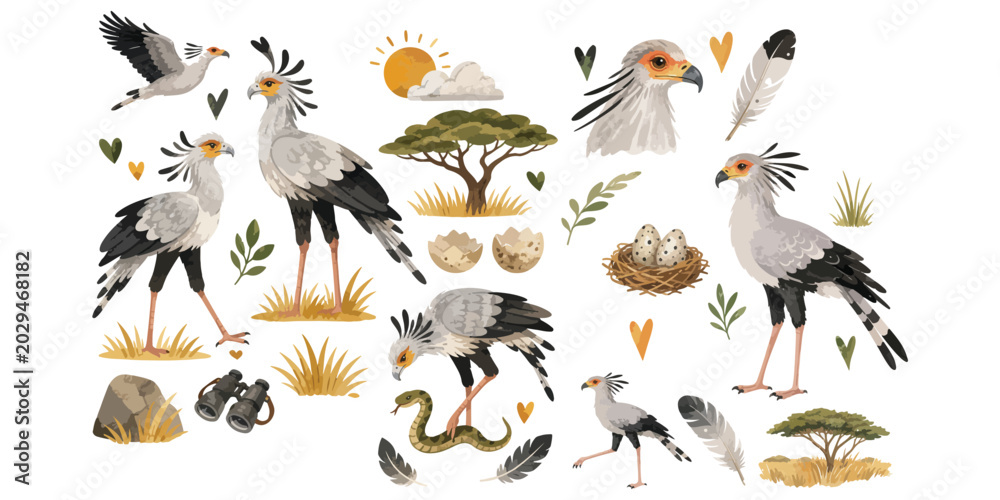 Fototapeta premium watercolor secretary bird collection