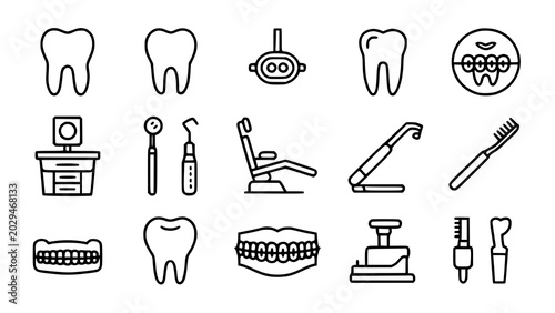 Bild auf Leinwand Dental care line icons set tooth tools chair and hygiene products