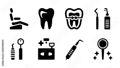 Bild auf Leinwand Dental care icons set chair tooth braces tools and hygiene equipment