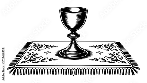 Foto Vintage chalice illustration on ornate rug black and white engraving style