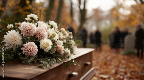 coffin with flowers on it at cemetery, crying people on the background