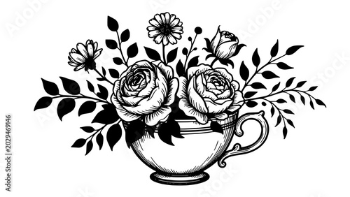 Foto Vintage floral arrangement in a teacup black and white engraved style illustrati
