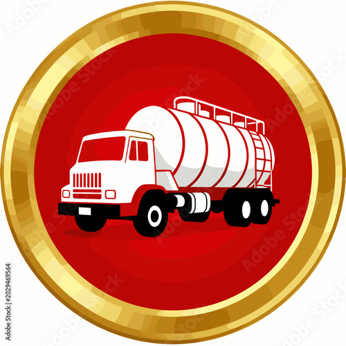 White Cement Mixer Truck Icon in Gold Circular Frame on Red Background