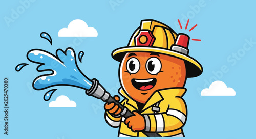 Bild auf Leinwand Cartoon Orange Firefighter Character Holding Hose