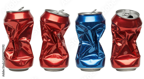 Four severely crumpled metallic red and blue aluminum beverage cans, dented, torn with silver pop tops, isolated on transparent background, concept of industrial waste and recycling