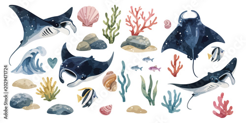Obraz na plátně watercolor cute manta ray collection